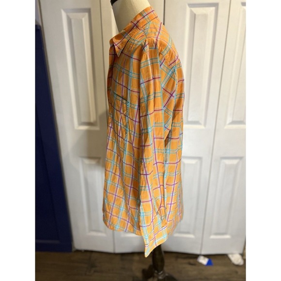 Paul Frederick Button Up Sport Shirt Orange‎ Blue Plaid Large Long Sleeve - Picture 4 of 5